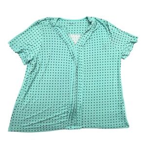 Croft Barrow Shirt Womens 3X Blue Polka Square V Neck Short Sleeve Stretch